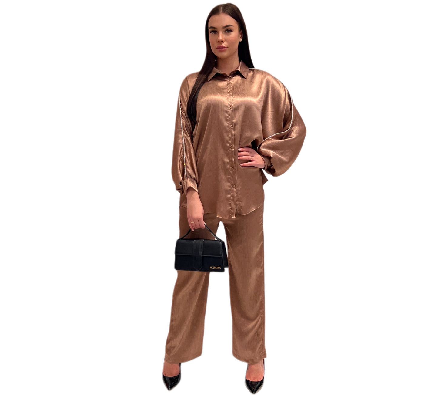 Crinkle satin set brown