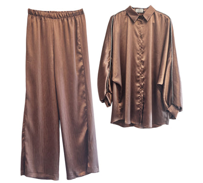 Crinkle satin set brown