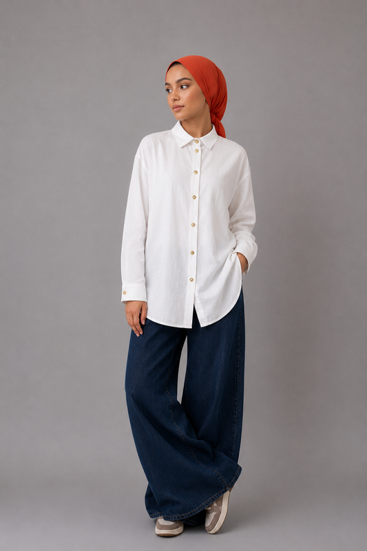 White Linen Blend Blouse