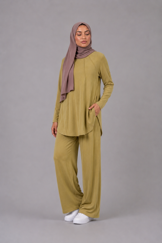 Ribbed jersey trousers - Warm olive